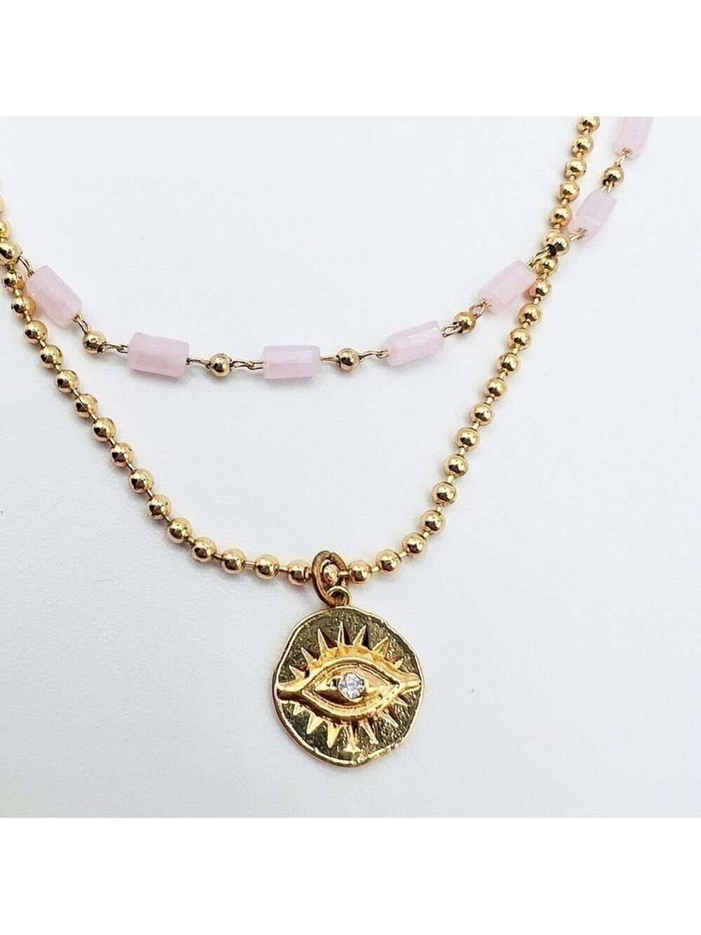 2 minimalist necklaces with evil eye pendant on one clasp